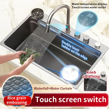 Интелигентна Кухненска мивка с водопад, Голяма единична купа, Клетъчна неръждаема стомана, Мултифункционален мивка, Домакински миялна машина