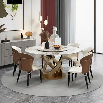 Италианска Мека луксозна маса за Хранене с каменна дъска, въртяща маса, Модерна проста домакински мебели за кухня, Маса и стол