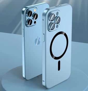 Калъф с магнитно метална рамка За iPhone 12 13 14 Pro Max, Алуминиева броня, стъкло на обектива, защитен калъф за безжичното зареждане Magsafe