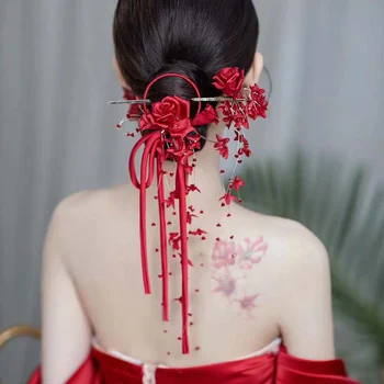 Китайските класически булчински накити за косата на Булката, Аксесоари, Червена роза, щипки за коса с кичури, Кристални декорации за мозъка убора