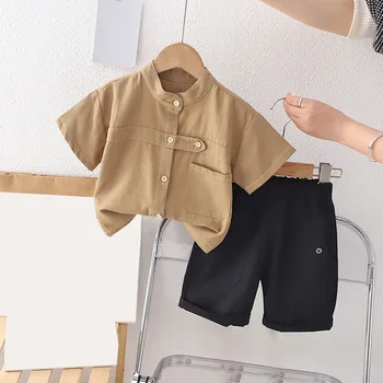 Комплект Ежедневни облекла за малки момчета, Детски Летни дрехи, Однотонная Риза с къс ръкав и копчета, Топ + Шорти, Детски Костюм, Новост