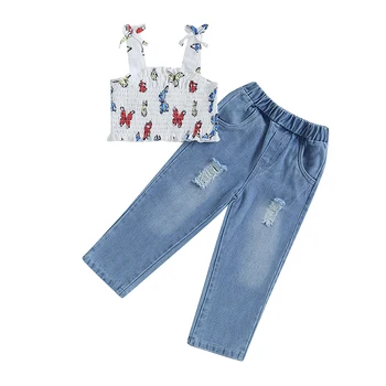 Комплект дрехи за малките момичета, жилетка с волани и принтом пеперуди, топове, дънкови панталони с еластичен ластик на талията