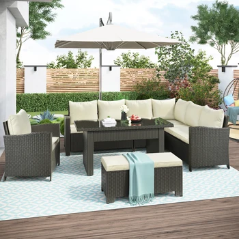 Комплект мебели за двор, определени за разговори на открито от 6 теми, стол за хранене маса с пейка и възглавници