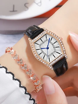 Комплект модерни часовници от 2 теми, Женски Гривна, Часовник, Черна Кожена каишка, Дамски Кварцов часовник Reloj Mujer