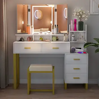 Комплект от тоалетна масичка с 3-цветен огледало с led осветление, Тоалетка за грим, скрин за спалня на закрито