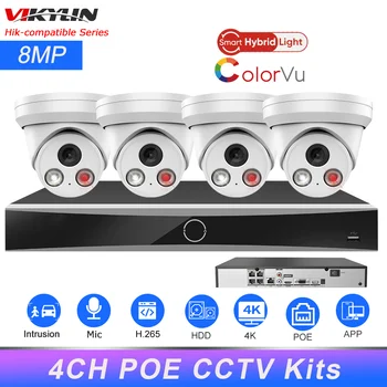 Комплекти за видеонаблюдение Vikylin 4K 4CH PoE AcuSense HIK NVR DS-7604NXI-K1/4P 8MP Smart Hybrid Light IPC Камери охранителна Система HIK-Connect 