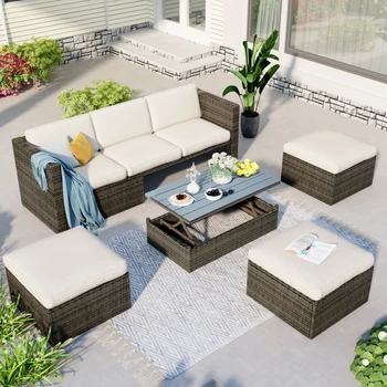 Комплекти мебели за двор, сплетен диван за двор от 5 теми с регулируема облегалка, възглавници и холна маса с повдигане на плота за градини в задния двор