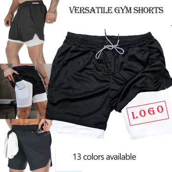 Компресия шорти 2D със собственото си лого за мъже, спортни къси панталони 2 в 1 с джобове, бързосъхнеща спортно облекло за джогинг