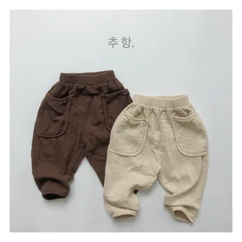 Корейската детски дрехи, есенно-зимни детски памучни и ленени панталони, детски дрехи в пузырчатую ивица с голям шнурком
