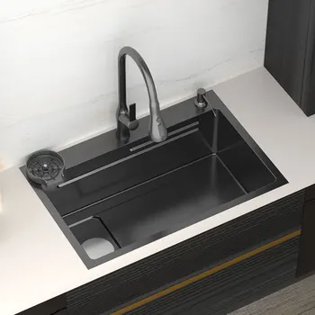 Кухненска Мивка от неръждаема стомана Nano Sink 304 с Горната стена и двойни первази, работно място под мивката, дъска за Рязане за лявото полукълбо на