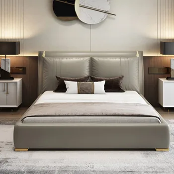 Лека луксозна спалня 1,8 м, модерни сватбени квадратна сива дизайнерско легло, Главна женска двойка, еластична, кама сутра, ежедневни мебели