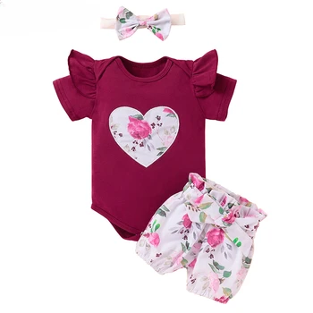 Летен комплект детски дрехи, Скъпа памучен дрехи за новородени с флорални принтом, Блузи с къс ръкав, къси Панталони с цветя, Превръзка на главата, Съоръжения