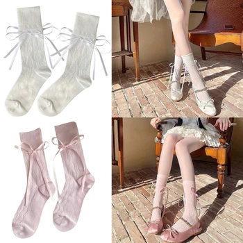 Летни Кухи Дишащи чорапи с лъкове, Всекидневни балетен стил, монофонични бандаж, Случайни чорапи за жените, ежедневно носене M6CD