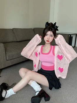 Летни комплекти, Вязаный Розова Жилетка в контрастен цвят със сърца, Тениски, блузи, потници от две части, Дамски пуловери Y2k с дълъг ръкав в корейски стил