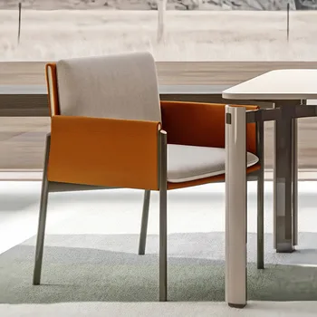 Луксозен Кожен Офис стол С маса за хранене, Метални Подлакътници в скандинавски стил, Стол за дневна, Проектиране на кухня, Мебели за хотел Silla Comedor