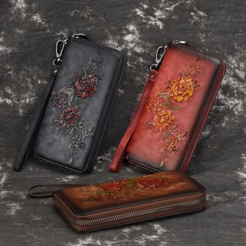 Луксозен дълъг портфейл от кожа растително дъбени, дамски портфейл с флорална декорация, дълъг чантата с един цип за 6-инчов iphone