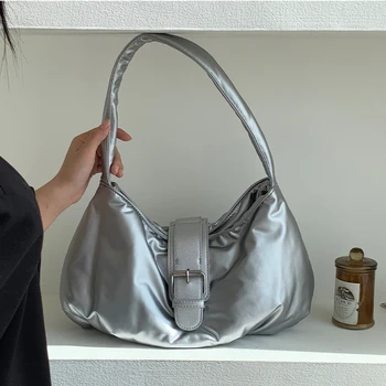 Луксозни Дизайнерски Дамски чанти през рамо С Памучен пълнеж, Женствена чанта под Мишниците, Модни Нагънат Дамска чанта с подплата, за чантата-тоут от изкуствена кожа
