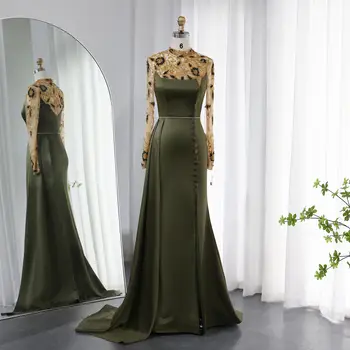Луксозно Дубайское Маслинено-Зелена Вечерна рокля Русалка За жени, Сватбени Елегантни мюсюлмански вечерни рокли с дълъг ръкав, Vestidos De Noche
