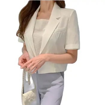 Лятна яке за малък размер с къс ръкав на една пуговице 2023, Всекидневни модерен корейски женски сако с къси ръкави