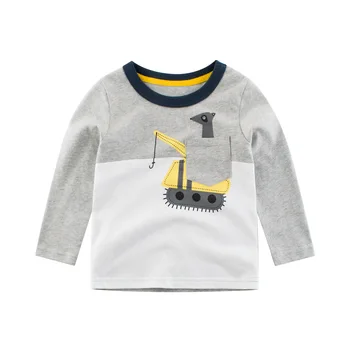 Марка детски дрехи 2023, пролет-есен, Нова тениска с дълги ръкави за момчета, памук топ с модел на багер, детски дрехи