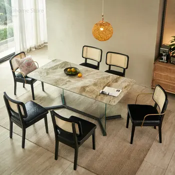Маси от италиански плочки За малък апартамент, Модерен Проба на Обедната стола от масивно дърво, маса от ратан, Комплект Мебели за трапезария