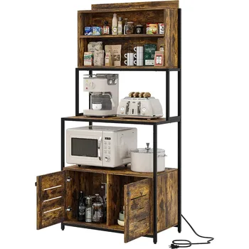 Мебели 5-ярусная Кухненски стойка за печене с електрическа розетка, Поставка за индустриална микровълнова фурна с рафтове, Кухня