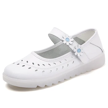 Мек Дамски Кожени Обувки Мери Джейн за медицинска сестра; Дамски Бели Обувки на равна подметка, без съединителни в стил Лолита