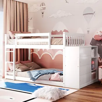 Минималистичная и модерно двуетажно легло с 4 чекмеджета и 3 рафтове, подходящ за спални -бял