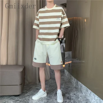 Младежки спортен костюм в Гонконгском стил, лятна новост, ежедневна спортна мъжка риза в райе и къси панталони, унисекс, хип-хоп комплект от две части