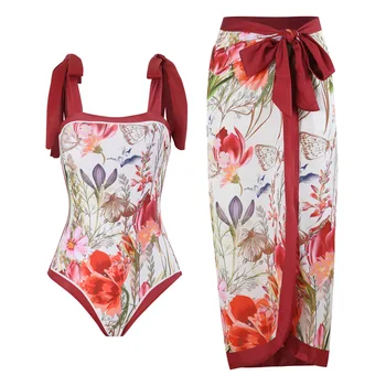 Моден бански костюм с флорални принтом и лък 2023, Нов дамски бански, Ретро Дизайн на бански, Лято