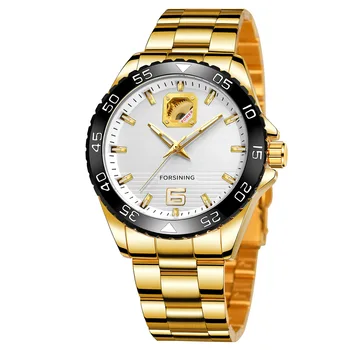 Модерен Бизнес часовници Forsining 2023, висок клас марка, Изцяло от неръждаема стомана, Луксозни Мъжки златни кръгли механични-автоматични бизнес часовници с булавочной мащаб