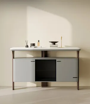 Модерен и минималистичен мрамор шкаф за съхранение на вещи за домашно използване, с висока стена шкаф и маса за странично шкафче