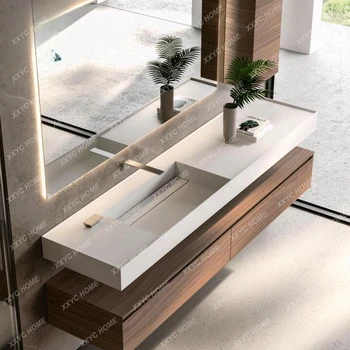 Модерен минималистичен Шкаф за баня, Комбиниран с Мивка, Маса за басейна, Вградена Каменна плоча от масивно дърво