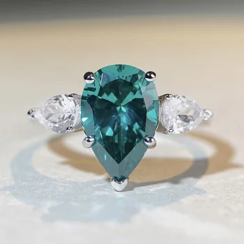 Модерен пръстен с кристали зелен цвят от Цирконий, вырезанное под формата на капки вода, Дамски пръстени от сребро 925 проба, Пръстени с цирконии За жени, Безплатна доставка