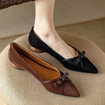 Модерни ежедневни дамски обувки на нисък ток с лък, и остри пръсти в стил Ретро; Новост 2024; Дамски обувки смесени цвята; Zapatos Mujer