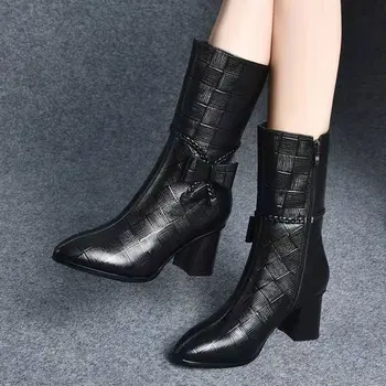 Модерни обувки Есен 2023/Новост за зимата, Дамски обувки в стил ретро с остри страничен цип и лък, Удобни сдвоени обувки до средата на ръкав за жени