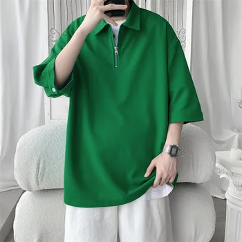 Мъжки Зелени Гофрети поло с цип, Лятна Ежедневни тениска с къс ръкав, Модни однотонная градинска тениска в Корейски Стил, Върхове