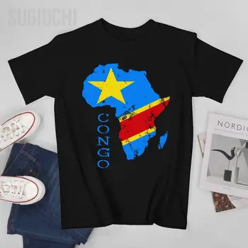 Мъжки Къс тениска с карта на Африка, Флаг на Демократична Република Конго, Тениски с кръгло деколте, Тениски За жени и момичета, 100% Памук, Унисекс