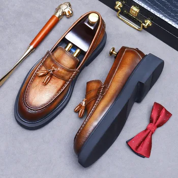 Мъжки Лоферы-пени в Италиански Стил, Ежедневни обувки на плоска подметка от естествена кожа, Офис Сватбени Модела обувки без Обков с Пискюли за Мъже