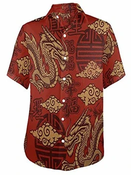 Мъжки Хавайска риза с копчета с принтом дракон, мъжка лятна градинска дрехи с къс ръкав и отложным яка, плажно облекло за почивка