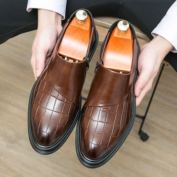 Мъжки бизнес модельная офис обувки от крокодилска кожа с катарама, ежедневни обувки за сватбени партита, мъжки обувки на плоска подметка, големи размери, обувки от зърна на кожата