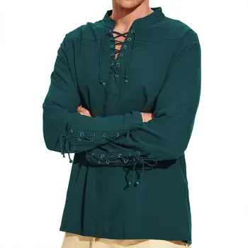 Мъжки блузи с висока яка в стил ретро, мъжка риза с висока яка и V-образно деколте и дантела, обикновен пуловер свободно намаляване в стил пънк