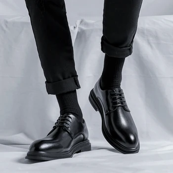 Мъжки кожени обувки, бизнес модела обувки, универсална ежедневни обувки, амортизирующая обувки, износостойкая черна офис обувки B274