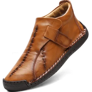 Мъжки кожени обувки ръчна изработка, ежедневни обувки са с високо берцем, Къси ботуши голям размер в британския стил, нескользящие обувки за шофиране на равна подметка, Botas Hombre