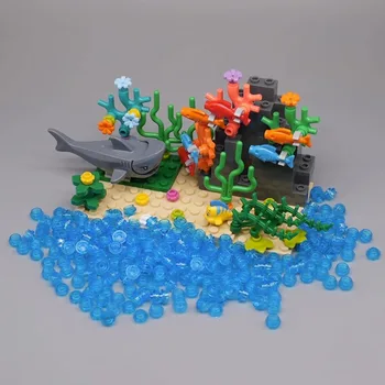 На сцената на подводния свят, с малки Частици от Морски същества Акули, Октоподи, Корали, Градивни елементи от морската вода, Съвместими с LEGO