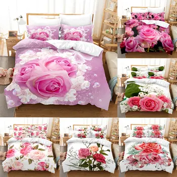 Набор от пододеяльников от 3 теми с розова Роза, Модни комплекти спално бельо с флорални листа, Одеяло, Чаршаф, Калъфка за възглавница, подарък за детска спалня
