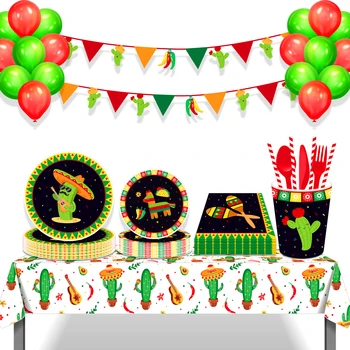Набор от съдове за еднократна употреба Cinco De Mayo за парти в Мексико, Музикална Покривка с въздушно топка с шарките на кактус и пипер, за да проверите за декор рожден Ден