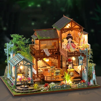 Направи си САМ Дървени Куклени Къщи Китайската Древна Градински Стая Casa Миниатюрни Строителни Комплекти с Мебели Led Куклена Къща за Възрастни Подаръци