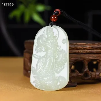 Натурален 100% естествен зелен хотанский нефрит, медальон с изображение на дракон и Гуаньинь, колие 
