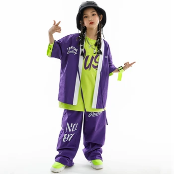 Нов Детски костюм в стил хип-хоп За момичета, Лилав костюм с къси ръкави, широки Дрехи за джаз изпълнения, Летни дрехи за улични танци За момчета BL10595